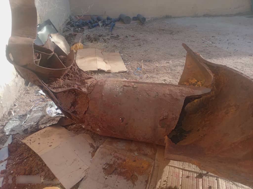 Photograph shared by a Nyala resident on April 21, 2025, shows remnants of an air-dropped OFAB-250 bomb recovered at the site of a February 3 strike near the Mecca Eye Hospital in Nyala, South Darfur.