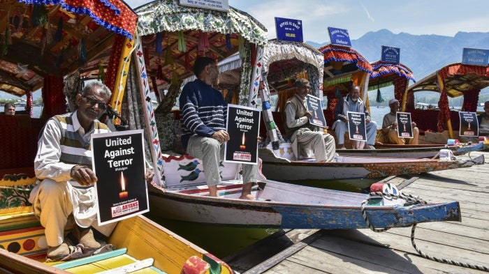 Kashmiri boatmen protest the deadly militant attack on tourists at a famous tourist resort Pahalgam, Srinagar, India. April 24, 2025.