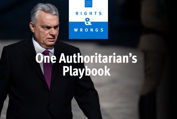 Viktor Órban looks away from camera, under logo and episode title. 